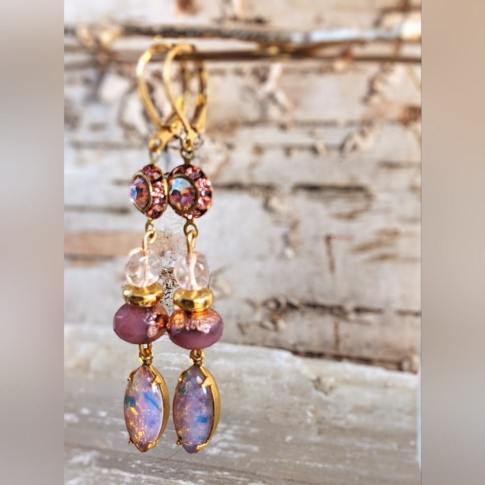 Victorian Pink AB & Opal Crysfal & Glass Artisan Handmade Gold Plated Earrings - Picture 5 of 9